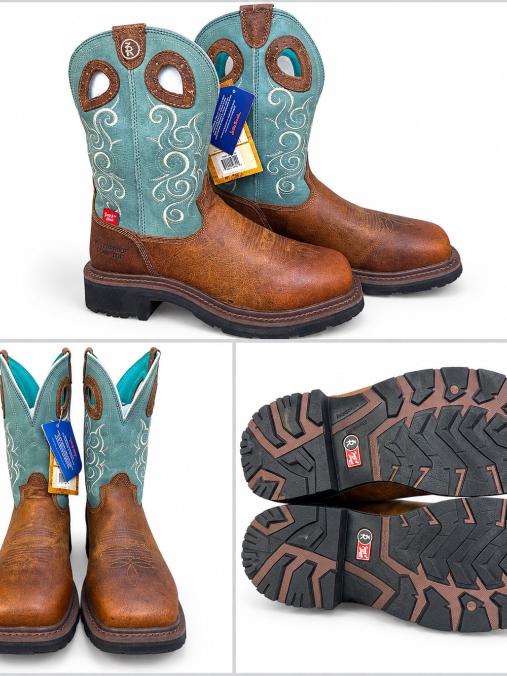 Tony Lama 3R Waterproof Composite Toe Western Work Boots Brown Teal NWT
